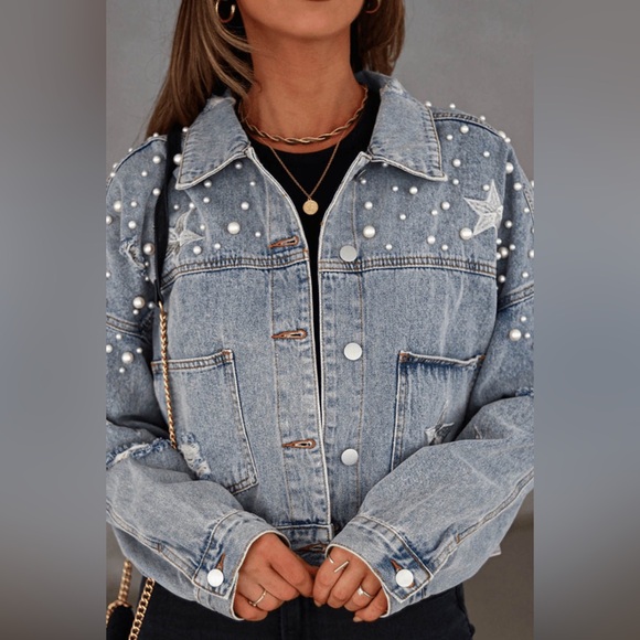 Sky Blue Distressed Pearls Star Cropped
Denim Jacket - Picture 5 of 15